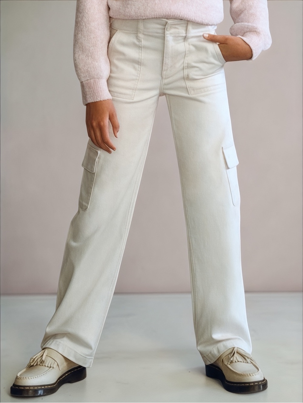 Abercrombie Kids Wide Leg Cargo Pants Cream Girls 5/6 Long